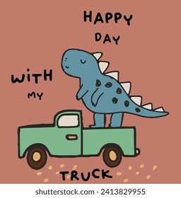 Cute funny Dino dinosaurs and car truck happy graphic tee design for kids market as vector