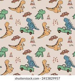 Cute funny Dino dinosaurs and car truck happy graphic tee design for kids market as vector