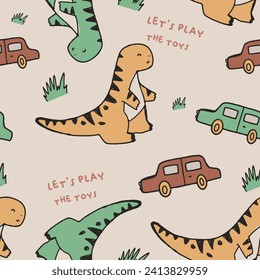 Cute funny Dino dinosaurs and car truck happy graphic tee design for kids market as vector