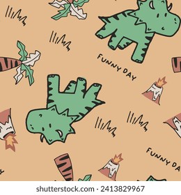 Cute funny Dino dinosaurs and car truck happy graphic tee design for kids market as vector