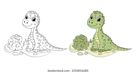 Cute funny dinosaur, children's illustration in flat cartoon style. Perfect for children's educational and play projects, coloring book, print, greeting card