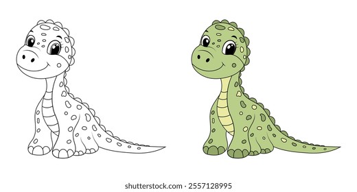 Cute funny dinosaur, children's illustration in flat cartoon style. Perfect for children's educational and play projects, coloring book, print, greeting card