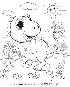 Cute funny dinosaur playing with butterfly coloring book for kids 