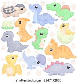 Cute and funny dinosaurs of different types and colors