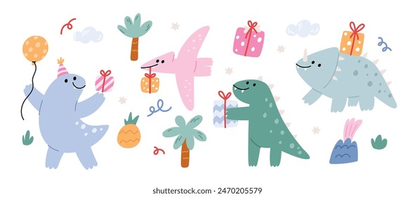 Cute funny dinosaurs with gifts. Festive dinosaurs in pastel color. Childish vector illustration isolated white background