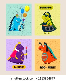 Cute funny dinosaurs. greeting cards set