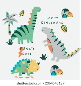 Cute and funny dinosaurs palm leaf stone pattern print design for kids market as vector