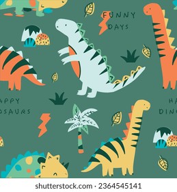 Cute and funny dinosaurs palm leaf stone pattern print design for kids market as vector