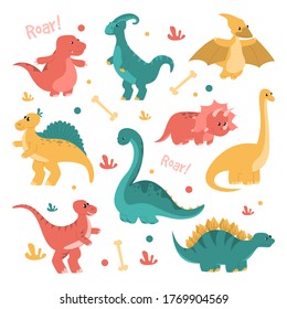 Cute and funny dinosaurs set vector isolated. Collection of smiling baby dragons. Triceratops and brachiosaurus.