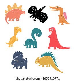 Cute and funny dinosaurs. Vector hand drawn illustrations for greeting card, t shirt, print, stickers, posters design.