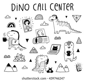 Cute funny dinosaurs working on call center. Hand drawn doodle illustration. Adorable ancient animals. Vector art. Phone, fax, laptop illustration.