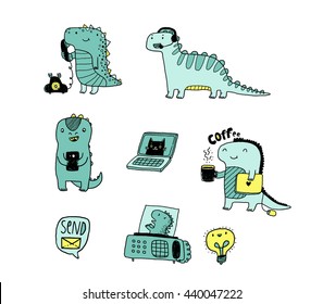 Cute funny dinosaurs working on call center. Adorable ancient animals. Vector art. Phone, fax, laptop illustration.