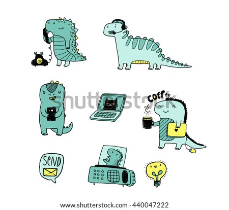 Cute funny dinosaurs working on call center. Adorable ancient animals. Vector art. Phone, fax, laptop illustration.