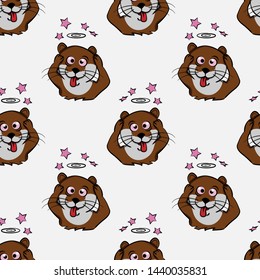 cute funny dizzy face otter seamless pattern brown color, beaver headache cartoon style vector for your print