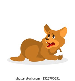 Cute funny dog with a bone. Puppy character with brown fur. Small domestic pet. Isolated vector illustration in cartoon style