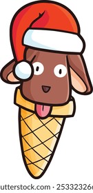 Cute and funny dog in a cone cartoon character wearing santa's hat celebrating christmas