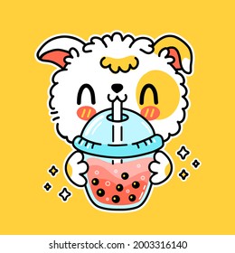 Cute funny dog drink bubble tea from cup. Vector hand drawn cartoon kawaii character illustration sticker logo icon. Asian boba, puppy dog and bubble tea drink cartoon character poster concept