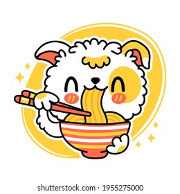 Cute Funny Dog Eat Noodles From Bowl. Vector Hand Drawn Cartoon Kawaii Character Illustration Icon. Isolated On White Background. Asian Food, Japanese,korean Noodle Mascot Cartoon Character Concept