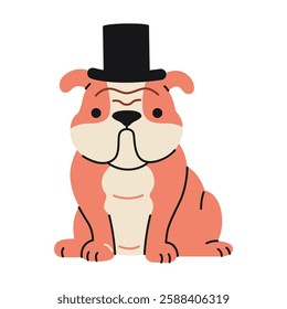 Cute and funny dog, English or British Bulldog wearing a top hat. Trendy modern vector illustration isolated on white background, hand drawn, flat design