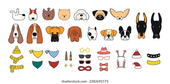 Cute funny dog faces, accessories clipart collection, isolated. Hand drawn vector illustrations set. Line art. Portrait creator, DIY. Design concept pet food, branding, business, vet, print, poster