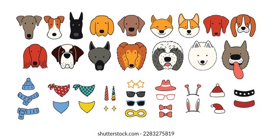 Cute funny dog faces, accessories clipart collection, isolated. Hand drawn vector illustrations set. Line art. Portrait creator, DIY. Design concept pet food, branding, business, vet, print, poster svg