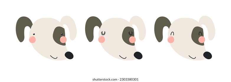Cute funny dog faces illustrations set. Hand drawn cartoon character. Scandinavian style flat design, isolated vector. Kids print element, poster, card, wildlife, nature, baby animals