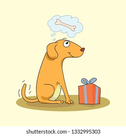 Cute funny dog and gift. Favorite Happy Pet.  Vector illustration of funny character in cartoon simple style.