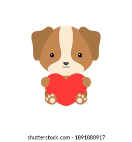 Cute funny dog with heart on white background. Cartoon animal character for congratulation with St. Valentine day, greeting card, invitation, wall decor, sticker. Colorful vector stock illustration.