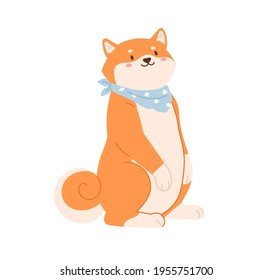 Cute funny dog of Japanese breed standing on hind legs and waiting for food. Adorable Shiba or Akita Inu puppy wearing bib. Colored flat vector illustration of happy doggy isolated on white background