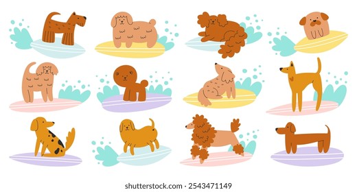 Animales divertidos lindos del animal doméstico del perro que surfean que cogen las olas del océano del mar en tabla de surf que disfrutan de la actividad tropical de la playa y del conjunto aislado de las vacaciones de verano. Cachorro feliz surfer personajes Ilustración vectorial plana