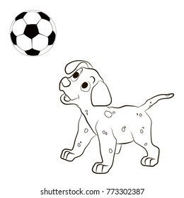 Cute funny dog is playing football. Puppy and soccer ball coloring page. A dog with a ball in the football championship, cartoon.