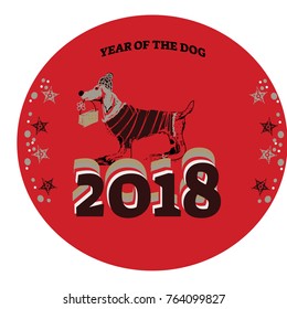 Cute funny dog with present, vector illustration, Happy new year 2018, banner