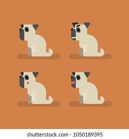 Cute funny dog pug set with different emotions. Sitting, eating, angry, shame, curiosity