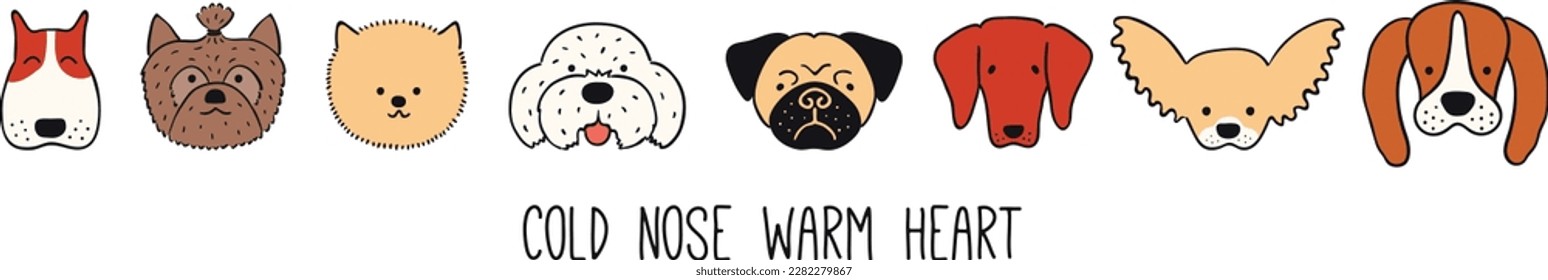 Cute funny dog, puppy faces border. Hand drawn color vector illustration. Line drawing. Domestic animals collection, isolated. Design concept for pet food, branding, business, vet, print, banner