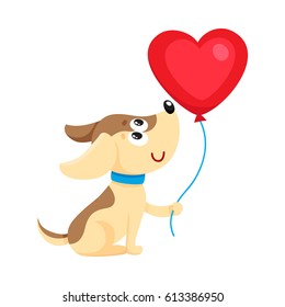 Cute and funny dog, puppy holding red heart shaped balloon, cartoon vector illustration isolated on white background. Dog, puppy holding heart balloon, birthday greeting decoration