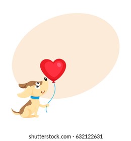 Cute and funny dog, puppy holding red heart shaped balloon, cartoon vector illustration with space for text. Dog, puppy holding heart balloon, birthday greeting decoration