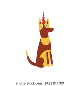 Cute funny dog or puppy with stains and birthday hat the icon for party and celebration banner or flyer flat cartoon vector illustration isolated on white background.