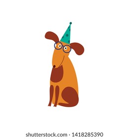 Cute funny dog or puppy wearing glasses and birthday hat the element for party and celebration banner flat cartoon vector illustration isolated on white background.
