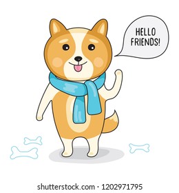 Cute funny dog in a scarf stands on two paws and says Hello, isolated on white, vector illustration