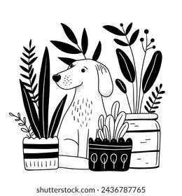 Cute funny dog sitting among potted plant, hand-drawn doodle illustration, black lines on white background. Doodle style greeting card with a cute funny dog among house plants