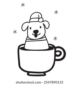 Cute funny dog sitting in a coffee cup. Christmas concept. Outline icon. Hand drawn vector illustration on white background.