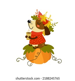 Cute funny dog sitting on a large pumpkin with cup of tee or coffee. Happy cartoon puppy in knitting sweater and wreath from autumn leaves on his head. Hand drawn vector illustration, flat design 