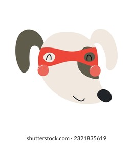 Cute funny dog superhero face in mask cartoon character illustration. Hand drawn Scandinavian style flat design, isolated vector. Kids print element, cool, brave animal, comic book super hero
