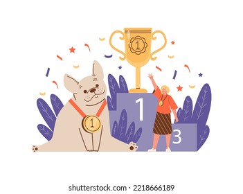 Cute and funny dog took first place in pet competition, flat vector illustration isolated on white background. Winners pedestal and golden cup. Tiny character of dog owner. Dog show or exhibition.