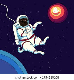 Cute funny dog  weared a spacesuit floats outer space. Flat illustration concept about cosmonautics and astronautics. Kids poster, print, postcard