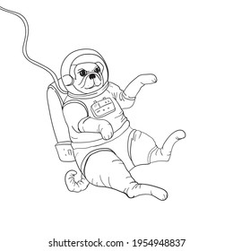 Cute funny dog  weared a spacesuit floats outer space. Black-white illustration concept about cosmonautics and astronautics. Page of coloring book.