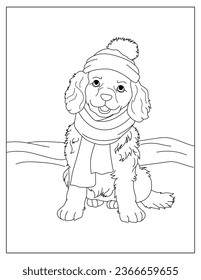 Cute funny dog wearing winter hat and scarf, sitting happy coloring page for children