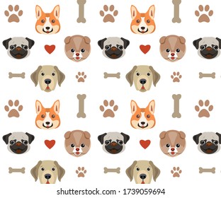 Cute funny dogs pattern with paws and bones. 4 types of dogs: Corgi, Pug, Labrodor and Spitz