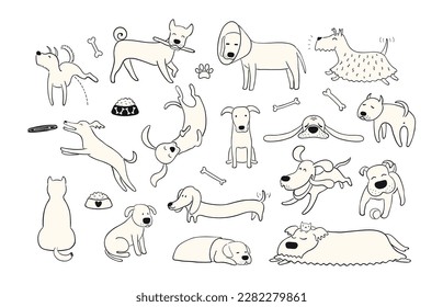 Cute funny dogs, puppies clipart collection, isolated. Hand drawn monochrome vector illustration. Line drawing. Domestic animals set. Design concept pet food, branding, business, vet, print, poster