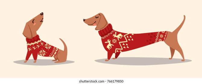 Perros graciosos y guapos usando suéter de invierno. Diseño de caracteres. Ilustración vectorial.